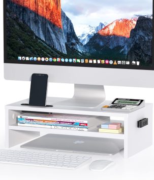 BONTEC Monitor Stand Riser White, 2 Tiers Wood Monitor Riser Stand with Storage Organizer, Desktop Ergonomic Monitor Stand Riser with Cellphone Holder and Cable Management, 16.5 Inch Desk Shelf