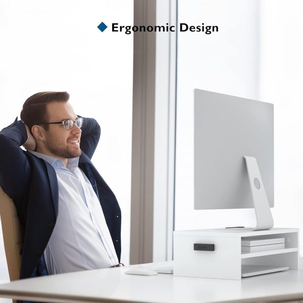 BONTEC Monitor Stand Riser White, 2 Tiers Wood Monitor Riser Stand with Storage Organizer, Desktop Ergonomic Monitor Stand Riser with Cellphone Holder and Cable Management, 16.5 Inch Desk Shelf - Image 2