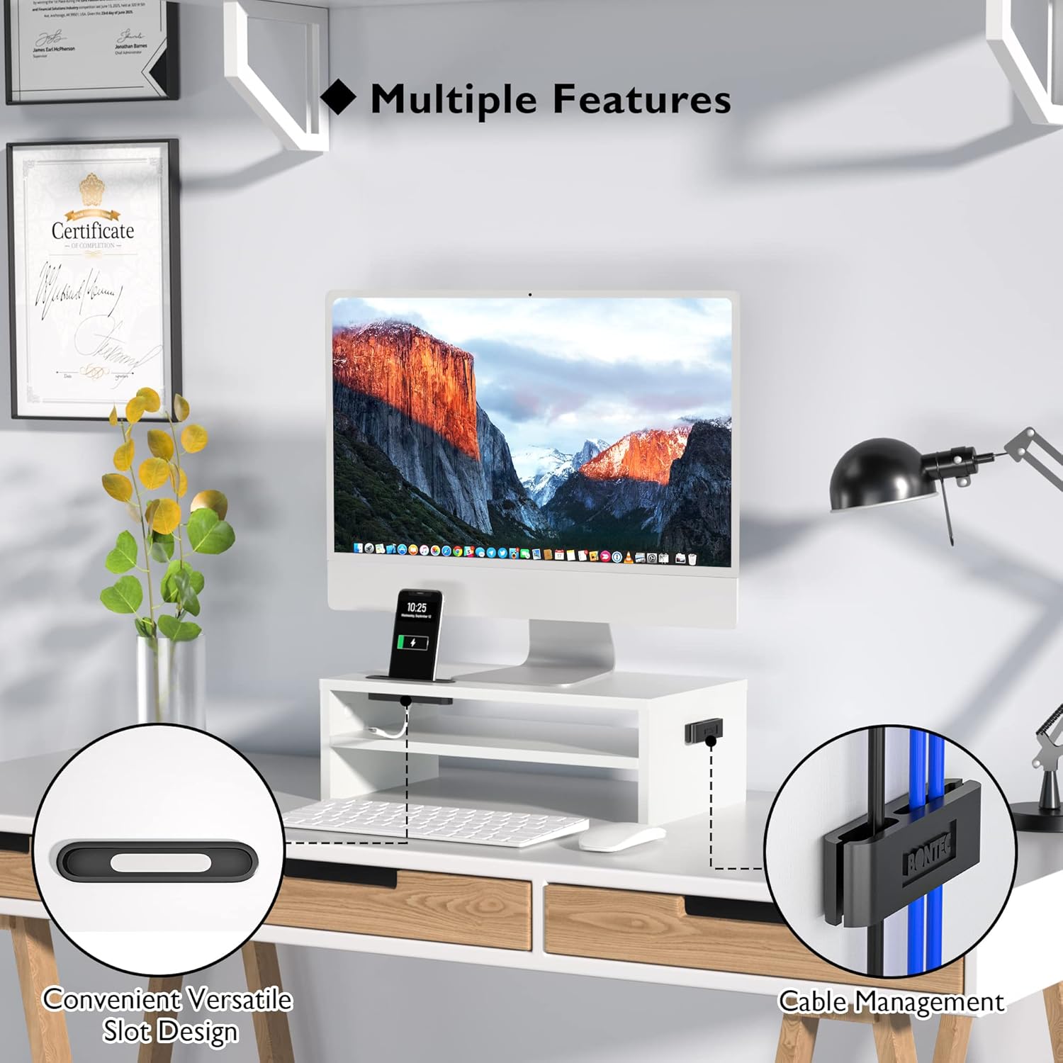 BONTEC Monitor Stand Riser White, 2 Tiers Wood Monitor Riser Stand with Storage Organizer, Desktop Ergonomic Monitor Stand Riser with Cellphone Holder and Cable Management, 16.5 Inch Desk Shelf - Image 3