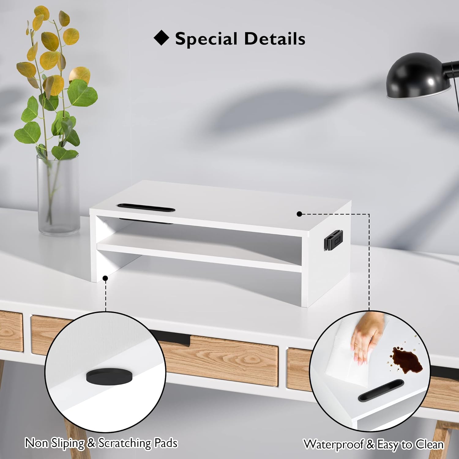 BONTEC Monitor Stand Riser White, 2 Tiers Wood Monitor Riser Stand with Storage Organizer, Desktop Ergonomic Monitor Stand Riser with Cellphone Holder and Cable Management, 16.5 Inch Desk Shelf - Image 4