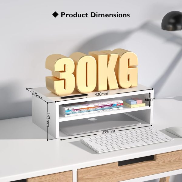 BONTEC Monitor Stand Riser White, 2 Tiers Wood Monitor Riser Stand with Storage Organizer, Desktop Ergonomic Monitor Stand Riser with Cellphone Holder and Cable Management, 16.5 Inch Desk Shelf - Image 5