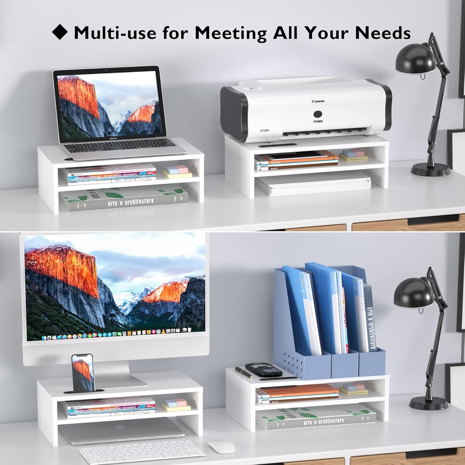 BONTEC Monitor Stand Riser White, 2 Tiers Wood Monitor Riser Stand with Storage Organizer, Desktop Ergonomic Monitor Stand Riser with Cellphone Holder and Cable Management, 16.5 Inch Desk Shelf - Image 6