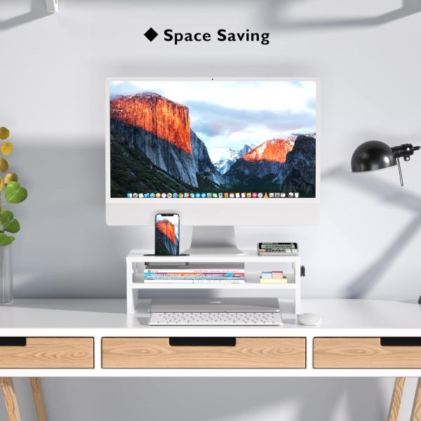 BONTEC Monitor Stand Riser White, 2 Tiers Wood Monitor Riser Stand with Storage Organizer, Desktop Ergonomic Monitor Stand Riser with Cellphone Holder and Cable Management, 16.5 Inch Desk Shelf - Image 7