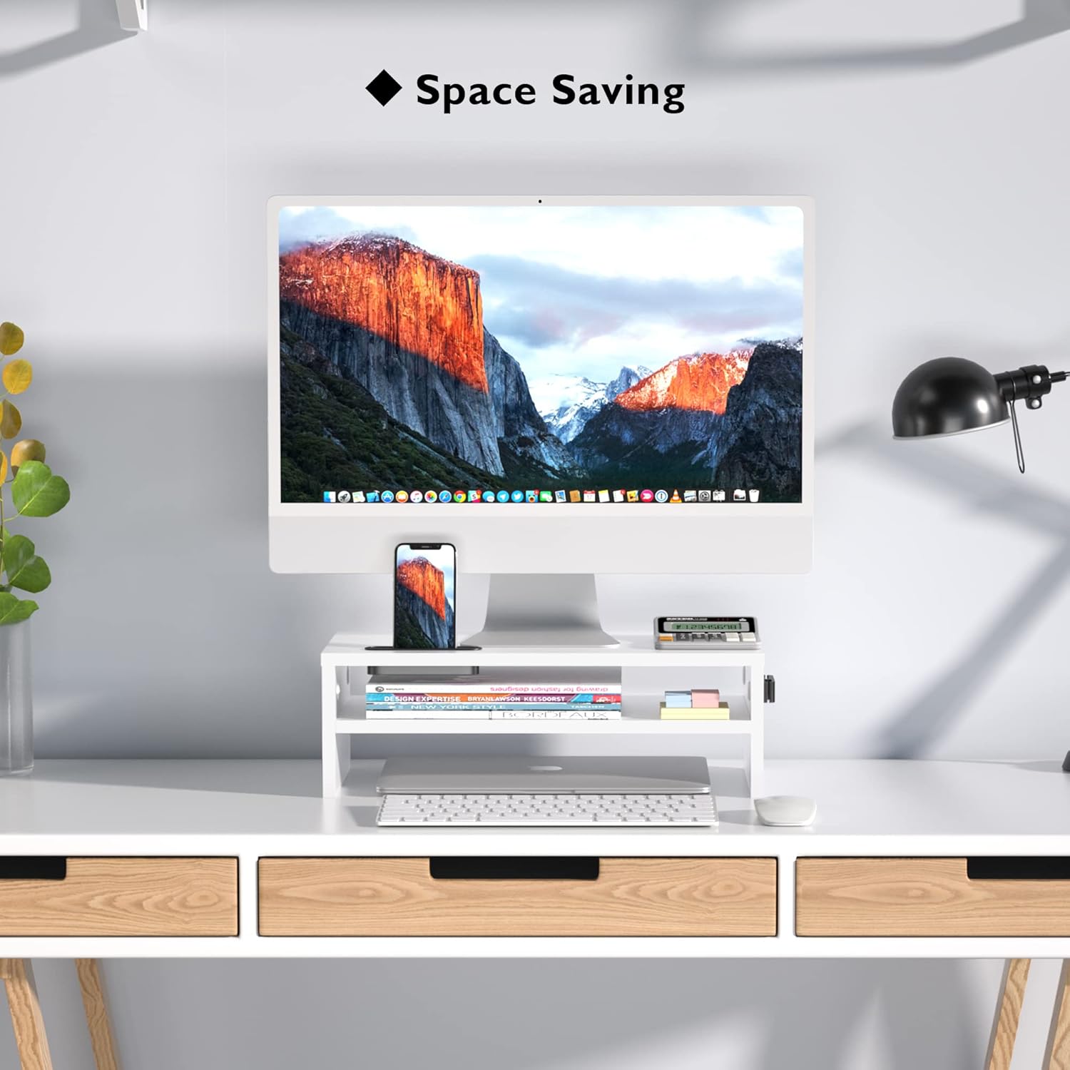BONTEC Monitor Stand Riser White, 2 Tiers Wood Monitor Riser Stand with Storage Organizer, Desktop Ergonomic Monitor Stand Riser with Cellphone Holder and Cable Management, 16.5 Inch Desk Shelf - Image 7