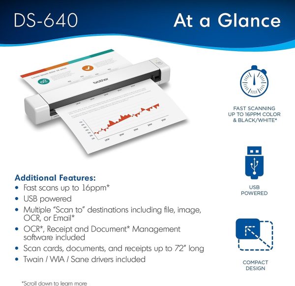 Brother DS-640 Compact Mobile Document Scanner, (Model: DS640) 1.5"x2"x11.9" - Image 2