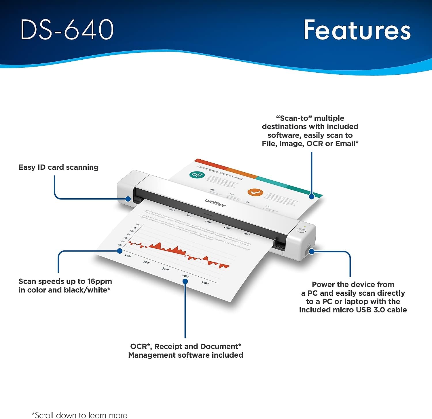 Brother DS-640 Compact Mobile Document Scanner, (Model: DS640) 1.5"x2"x11.9" - Image 3