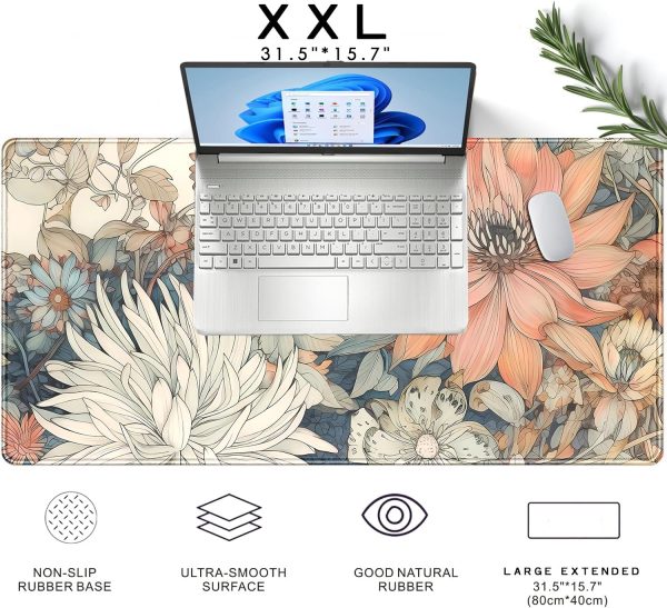 Japanese Floral Desk Mat Boho Aesthetic Flower Desk Matt for Desktop Large XXL Gaming Mouse Pad for Desk Extended Deskpad Laptop Keyboard Computer Mat Desk Decor for Women 31.5 X 15.7 - Image 6