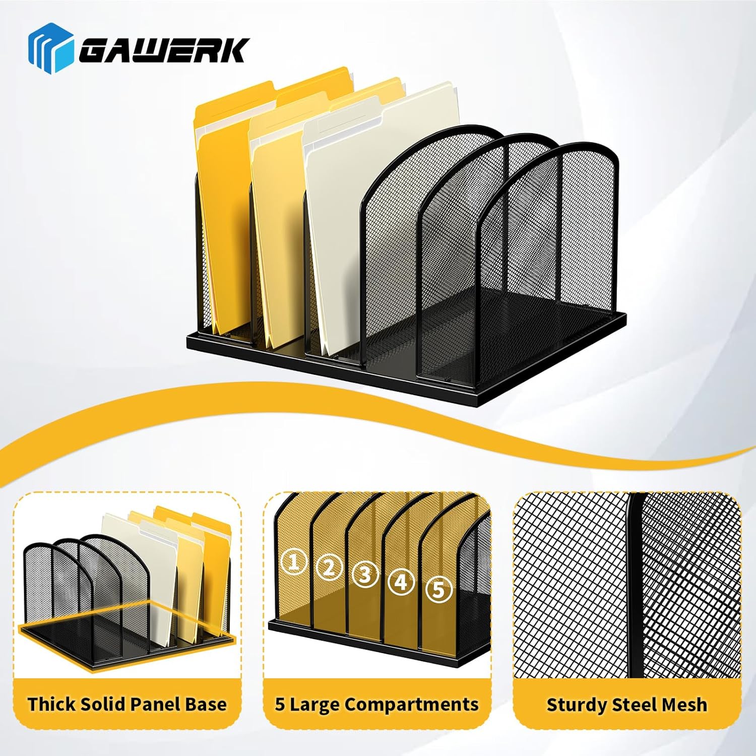 Large Size Desk File Organizer, Metal Mesh Vertical Desktop File Holder, 5-Section file organizer for Desk Home Office (1 Pack), Black - Image 4