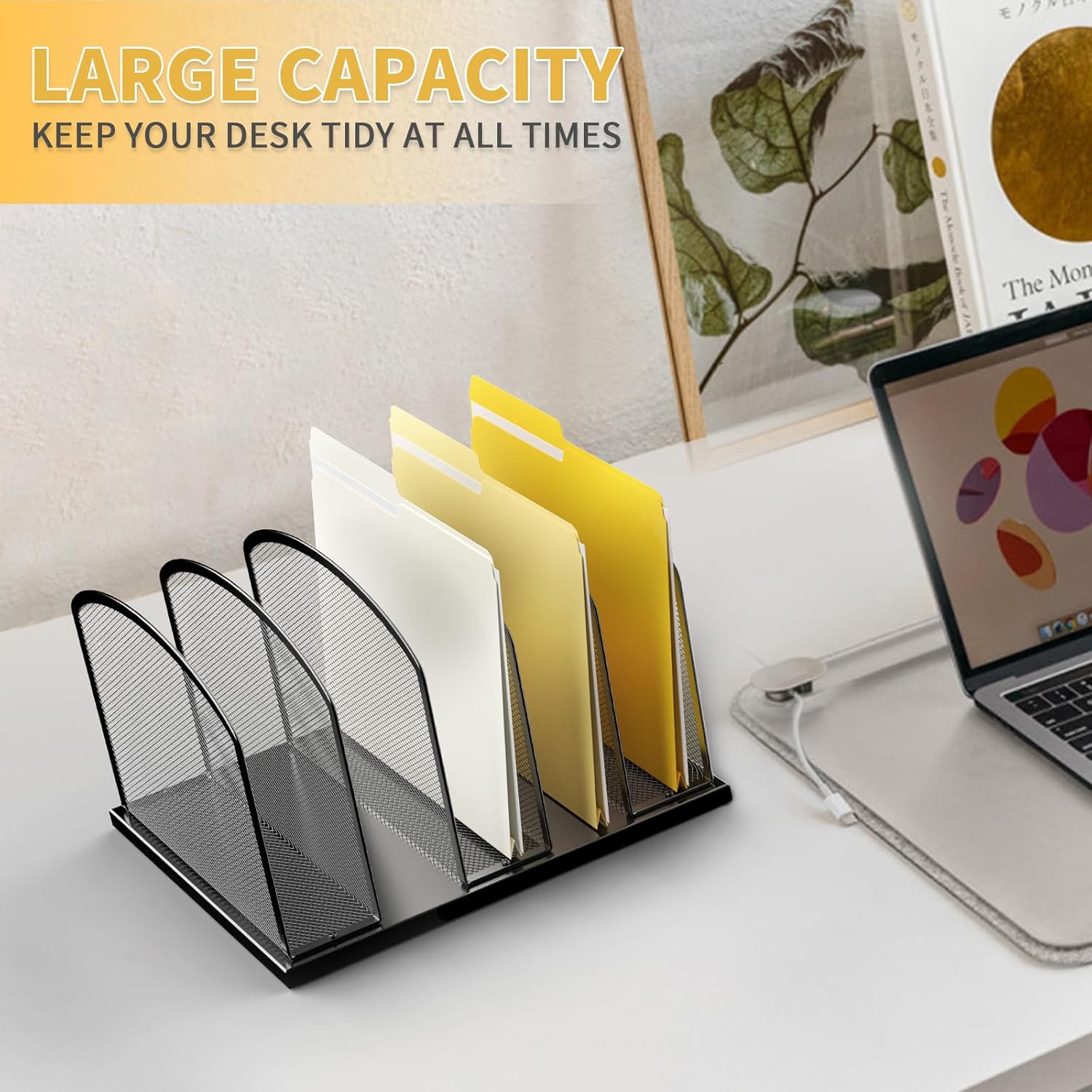 Large Size Desk File Organizer, Metal Mesh Vertical Desktop File Holder, 5-Section file organizer for Desk Home Office (1 Pack), Black - Image 7