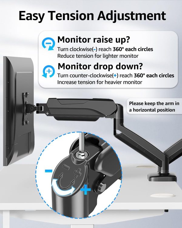 MOUNTUP Dual Monitor Stand for Desk, Pneumatic Monitor Arms for 2 Monitors Max 32 Inches, Height Adjustable Double Monitor Mount, VESA Mounts with C-Clamp & Grommet Base, Holds 4.4-17.6lbs, Black - Image 3