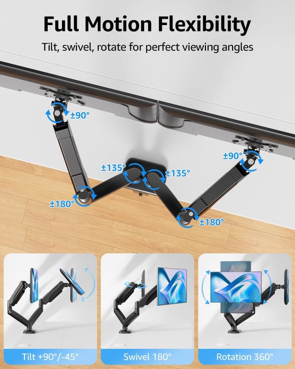MOUNTUP Dual Monitor Stand for Desk, Pneumatic Monitor Arms for 2 Monitors Max 32 Inches, Height Adjustable Double Monitor Mount, VESA Mounts with C-Clamp & Grommet Base, Holds 4.4-17.6lbs, Black - Image 4