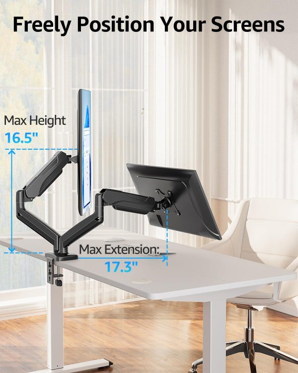 MOUNTUP Dual Monitor Stand for Desk, Pneumatic Monitor Arms for 2 Monitors Max 32 Inches, Height Adjustable Double Monitor Mount, VESA Mounts with C-Clamp & Grommet Base, Holds 4.4-17.6lbs, Black - Image 5