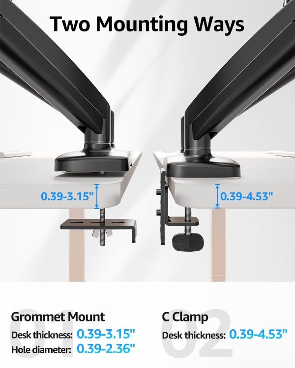 MOUNTUP Dual Monitor Stand for Desk, Pneumatic Monitor Arms for 2 Monitors Max 32 Inches, Height Adjustable Double Monitor Mount, VESA Mounts with C-Clamp & Grommet Base, Holds 4.4-17.6lbs, Black - Image 6