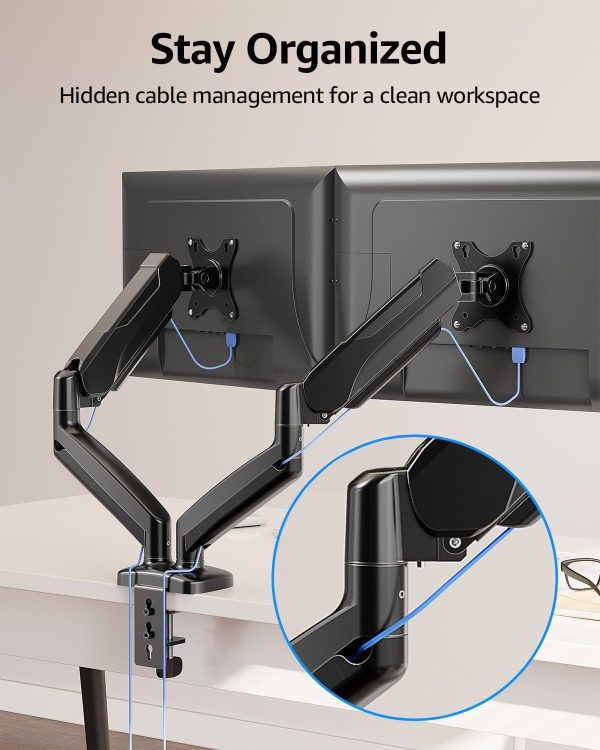 MOUNTUP Dual Monitor Stand for Desk, Pneumatic Monitor Arms for 2 Monitors Max 32 Inches, Height Adjustable Double Monitor Mount, VESA Mounts with C-Clamp & Grommet Base, Holds 4.4-17.6lbs, Black - Image 9
