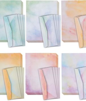 Paper Junkie Watercolor Stationery Paper and Envelopes Set, 6 Assorted Colors (8.5 x 11 In, 48 Sheets and 24 Envelopes Set) - Stationery Paper For Writing Letters