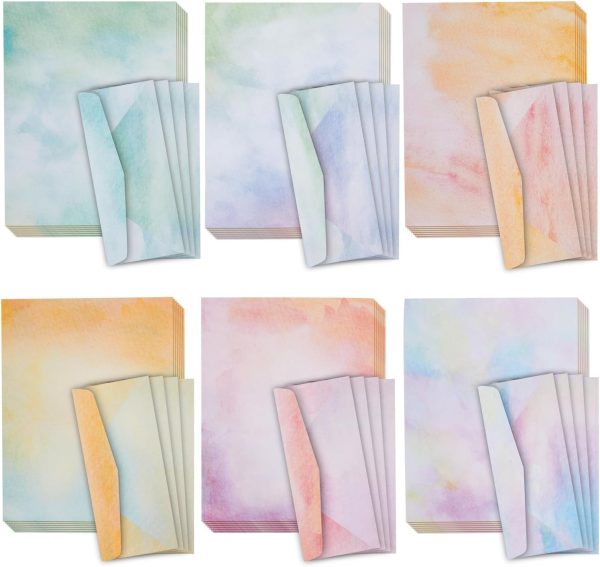 Paper Junkie Watercolor Stationery Paper and Envelopes Set, 6 Assorted Colors (8.5 x 11 In, 48 Sheets and 24 Envelopes Set) - Stationery Paper For Writing Letters