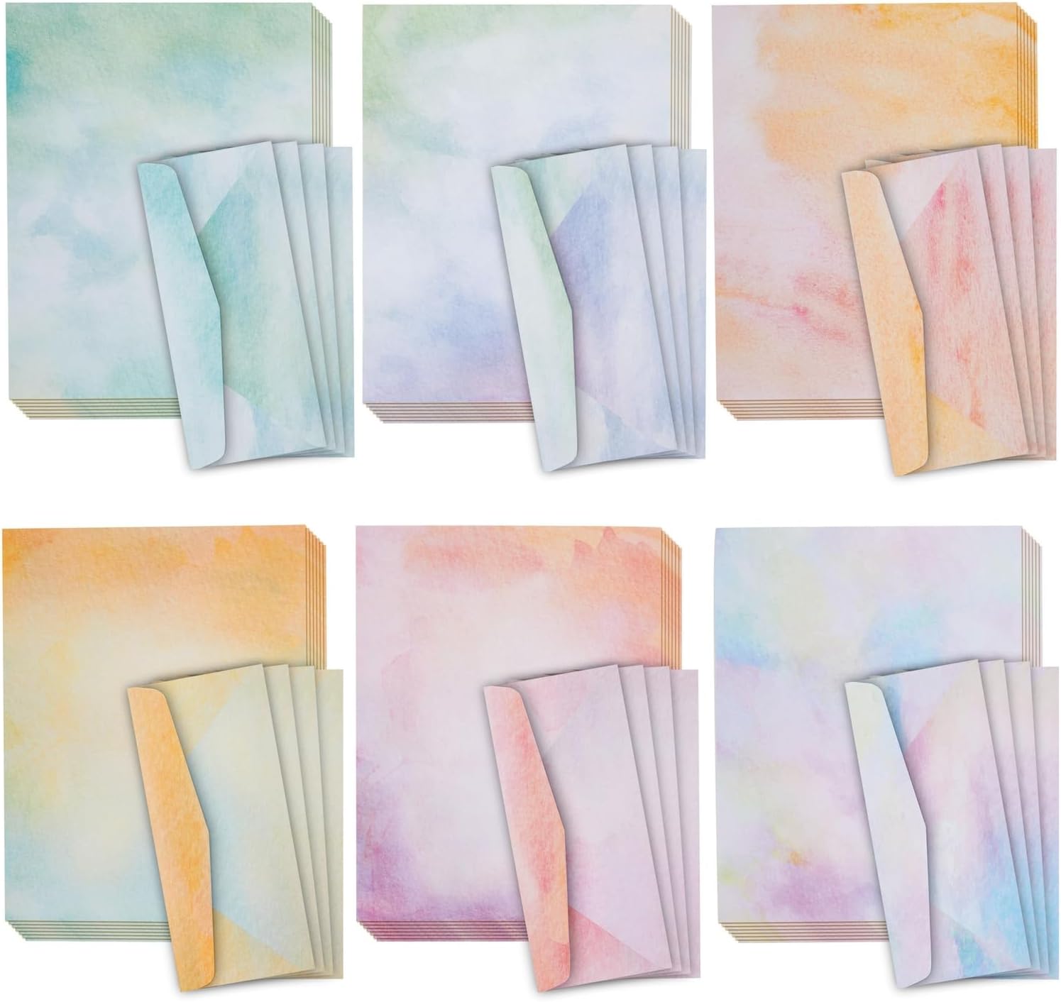 Paper Junkie Watercolor Stationery Paper and Envelopes Set, 6 Assorted Colors (8.5 x 11 In, 48 Sheets and 24 Envelopes Set) - Stationery Paper For Writing Letters