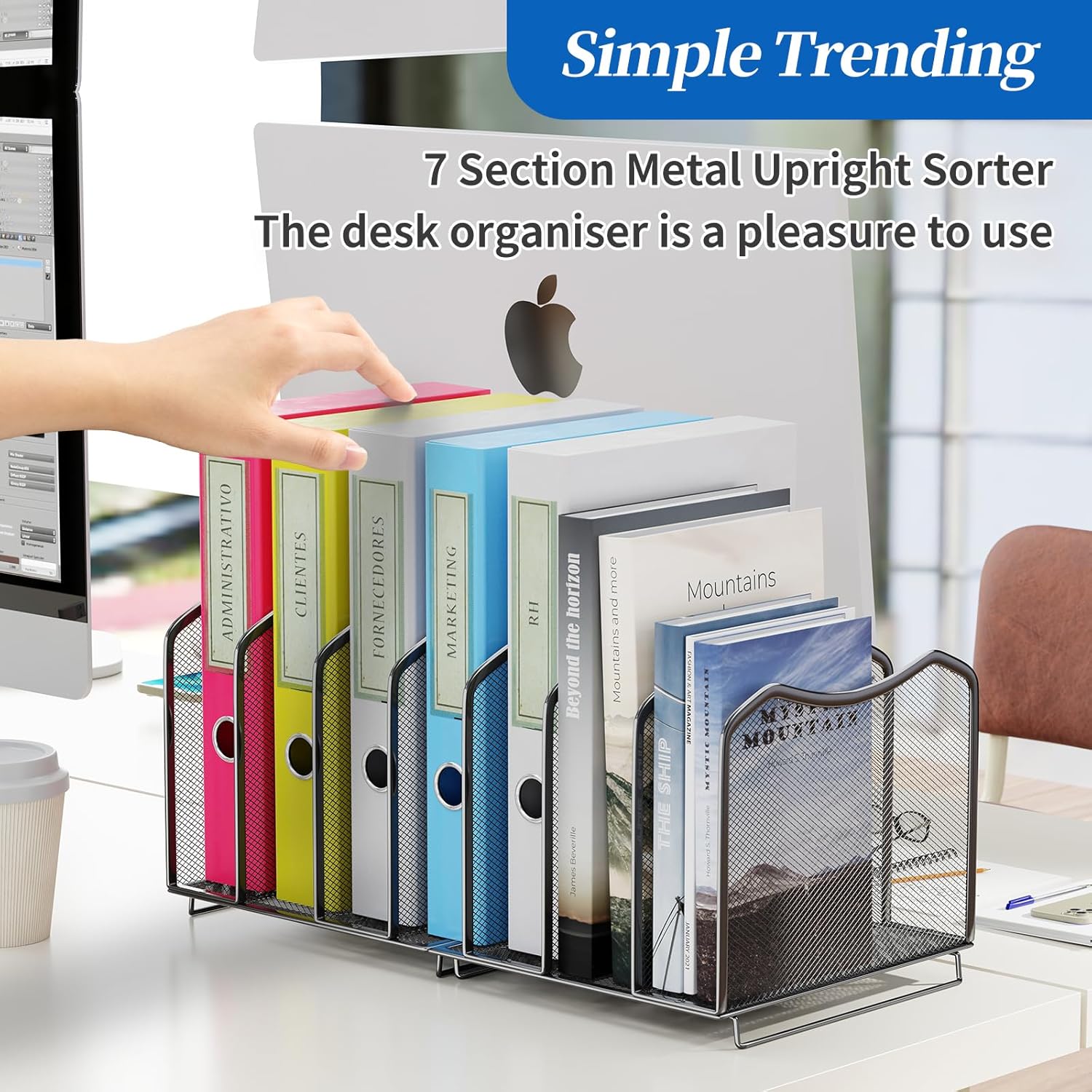 Simple Trending Mesh Desktop File Sorter Organizer, 7 Section Bookshelf For Desk Home Office, Black - Image 3