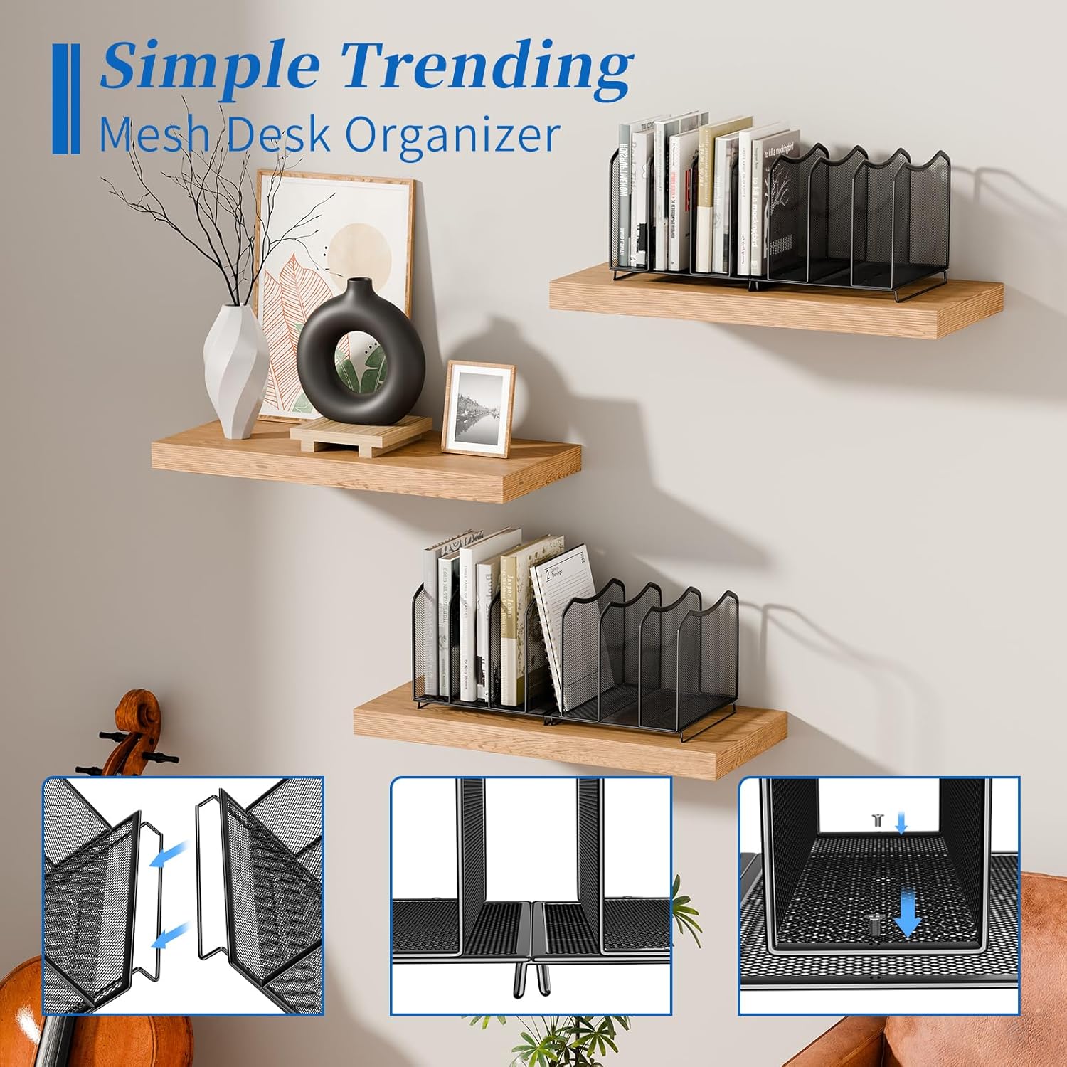 Simple Trending Mesh Desktop File Sorter Organizer, 7 Section Bookshelf For Desk Home Office, Black - Image 4