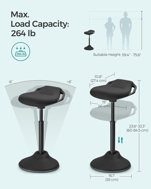 SONGMICS Standing Desk Chair, Adjustable Ergonomic Wobble Stool, 23.6-33.3 Inches Drafting Chair, Swivel Sitting Balance Stool, Fabric Upholstery, Anti-Slip Bottom Pad, Ink Black UOSC02BK - Image 2