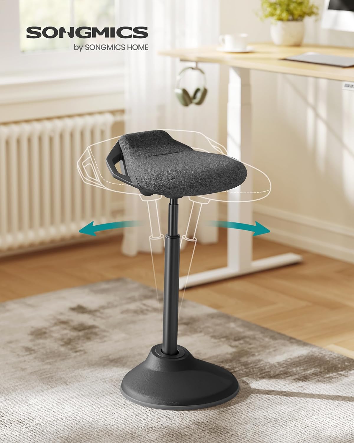 SONGMICS Standing Desk Chair, Adjustable Ergonomic Wobble Stool, 23.6-33.3 Inches Drafting Chair, Swivel Sitting Balance Stool, Fabric Upholstery, Anti-Slip Bottom Pad, Ink Black UOSC02BK - Image 3