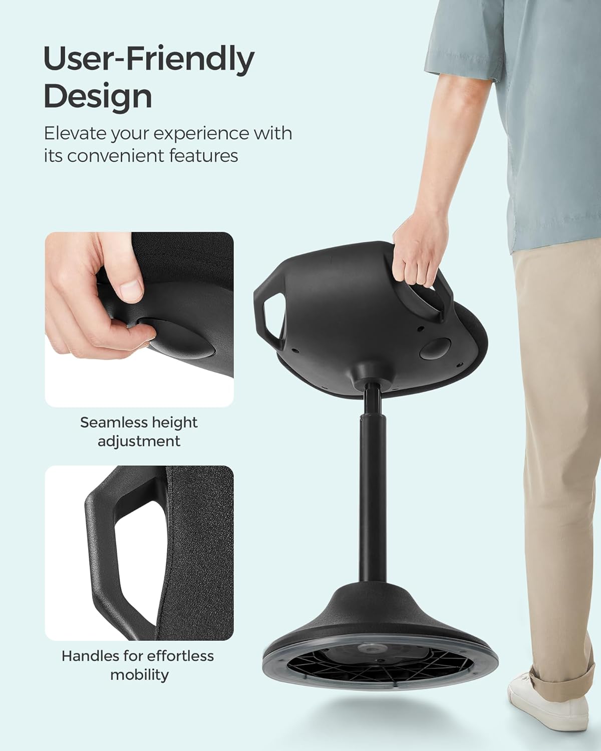 SONGMICS Standing Desk Chair, Adjustable Ergonomic Wobble Stool, 23.6-33.3 Inches Drafting Chair, Swivel Sitting Balance Stool, Fabric Upholstery, Anti-Slip Bottom Pad, Ink Black UOSC02BK - Image 7